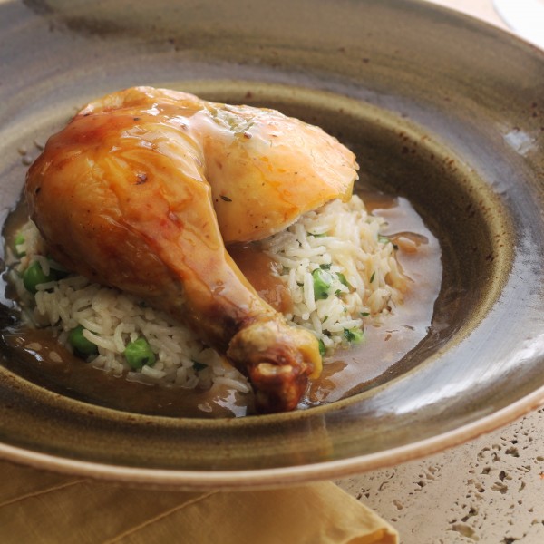 Herb Stuffed Roasted Chicken With Reduced Pan Gravy, And Herbed Rice